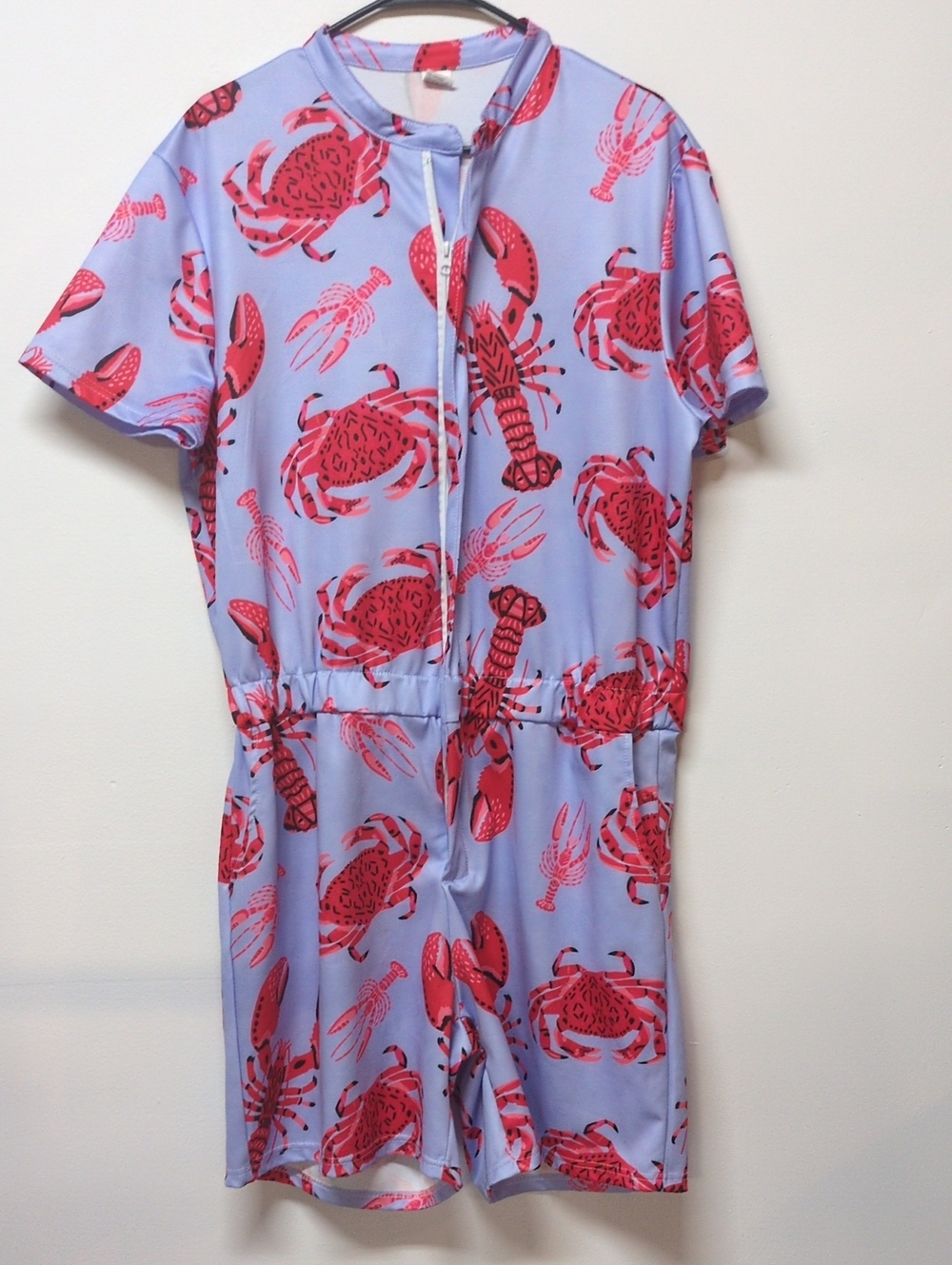 Blue Red Crab Lobster Print Zip Front Romper Size L